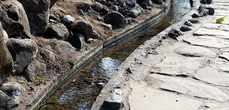 潺潺水流順著水溝蜿蜒往高處流去，形成水往上流奇觀